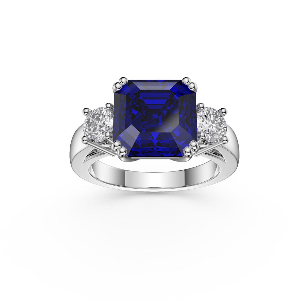 Princess 3ct Sapphire Asscher Cut Platinum plated Silver Three Stone Promise Ring