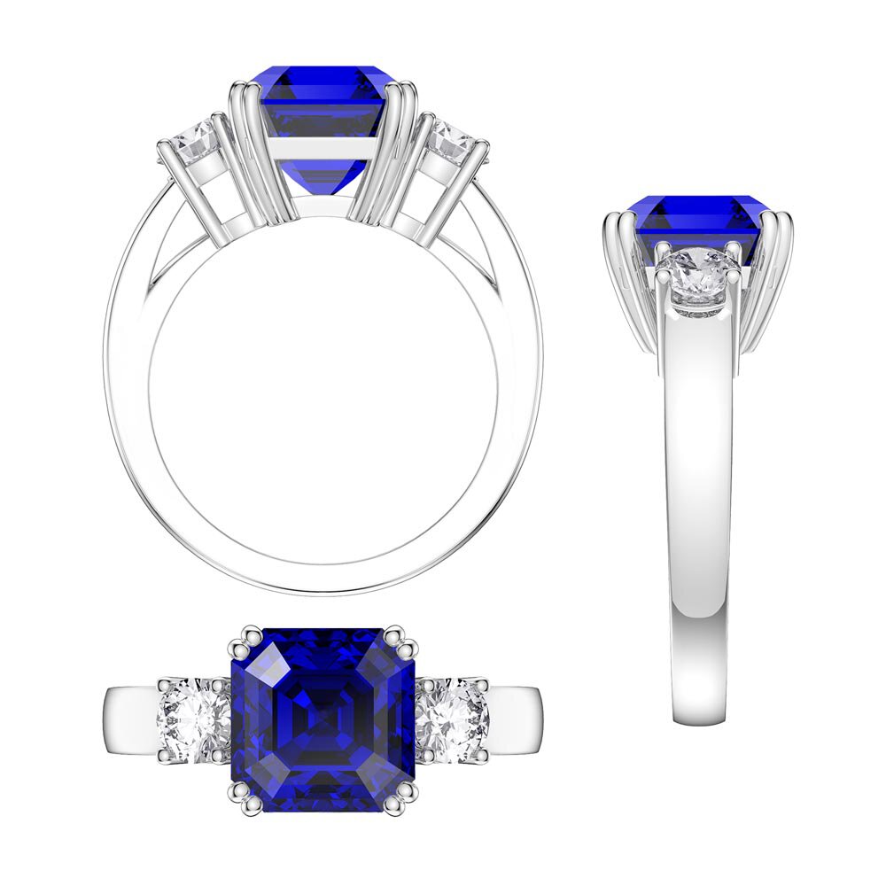 Princess 3ct Blue Sapphire Asscher Cut 18ct White Gold Three Stone Engagement Ring #4