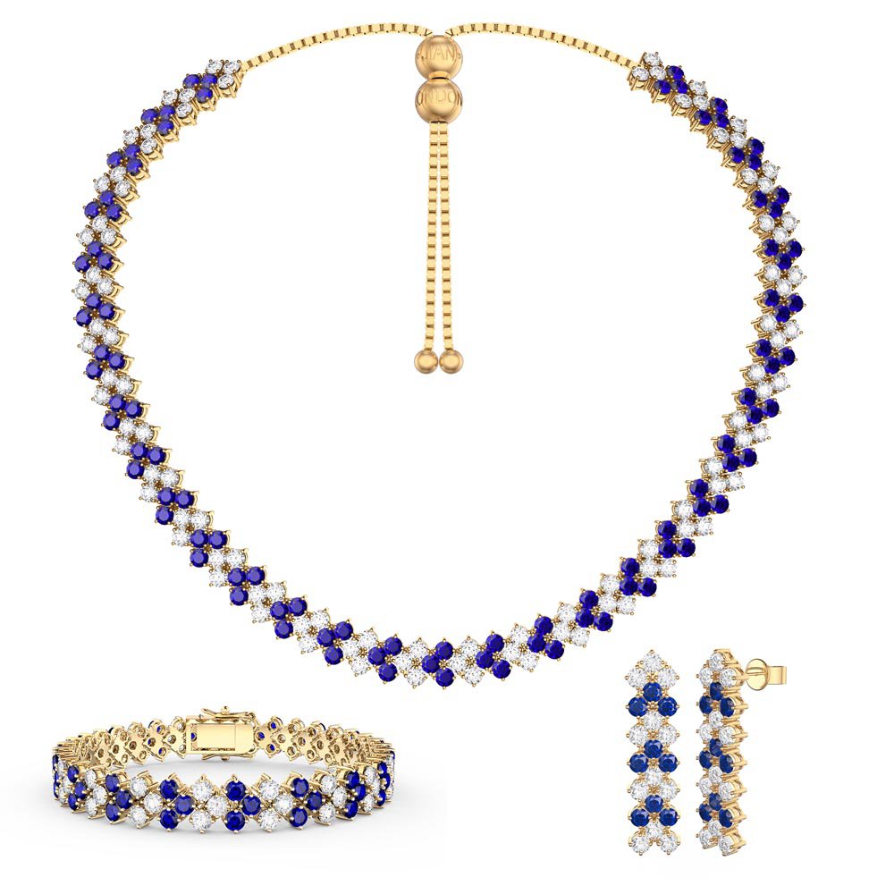 Three Row Blue and White Sapphire 18ct Gold Vermeil Jewellery Set