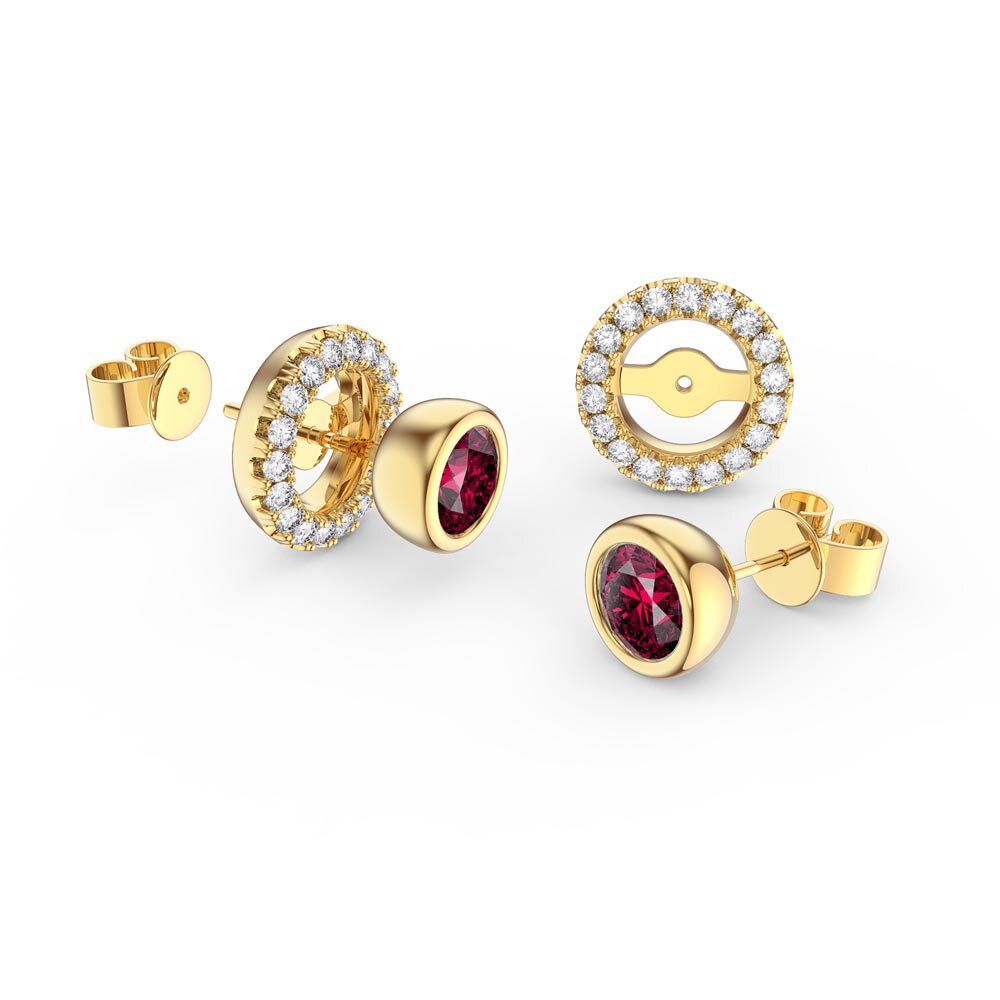 Infinity Ruby and Moissanite 18ct Yellow Gold Stud Earrings Halo Jacket Set #1
