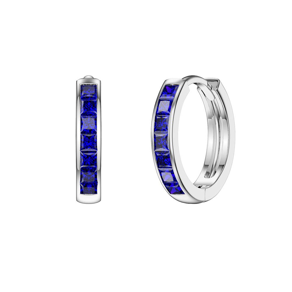 Princess Blue Sapphire 18ct White Gold Hoop Earrings Small