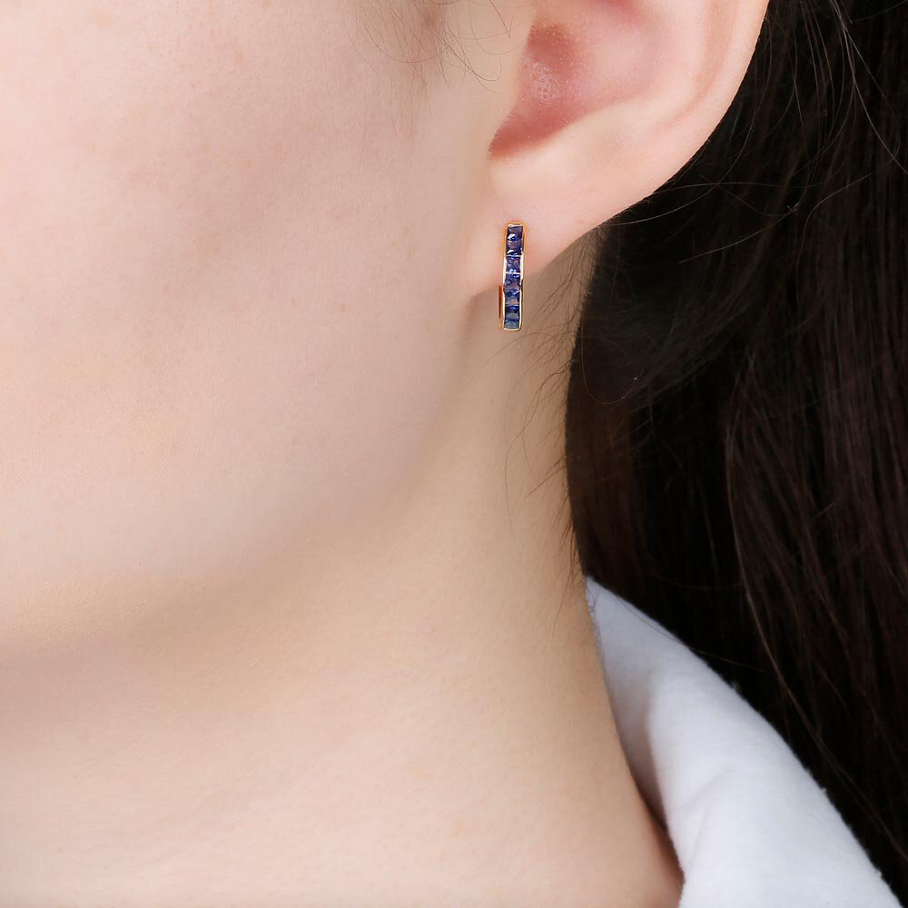 Princess Blue Sapphire 18ct Gold Hoop Earrings Small #2