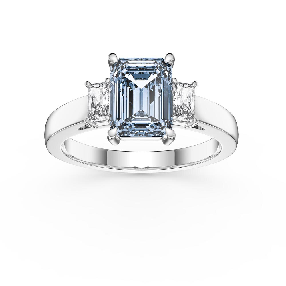 Princess 1.5ct Emerald Cut Aquamarine 18ct White Gold Diamond Three Stone Engagement Ring