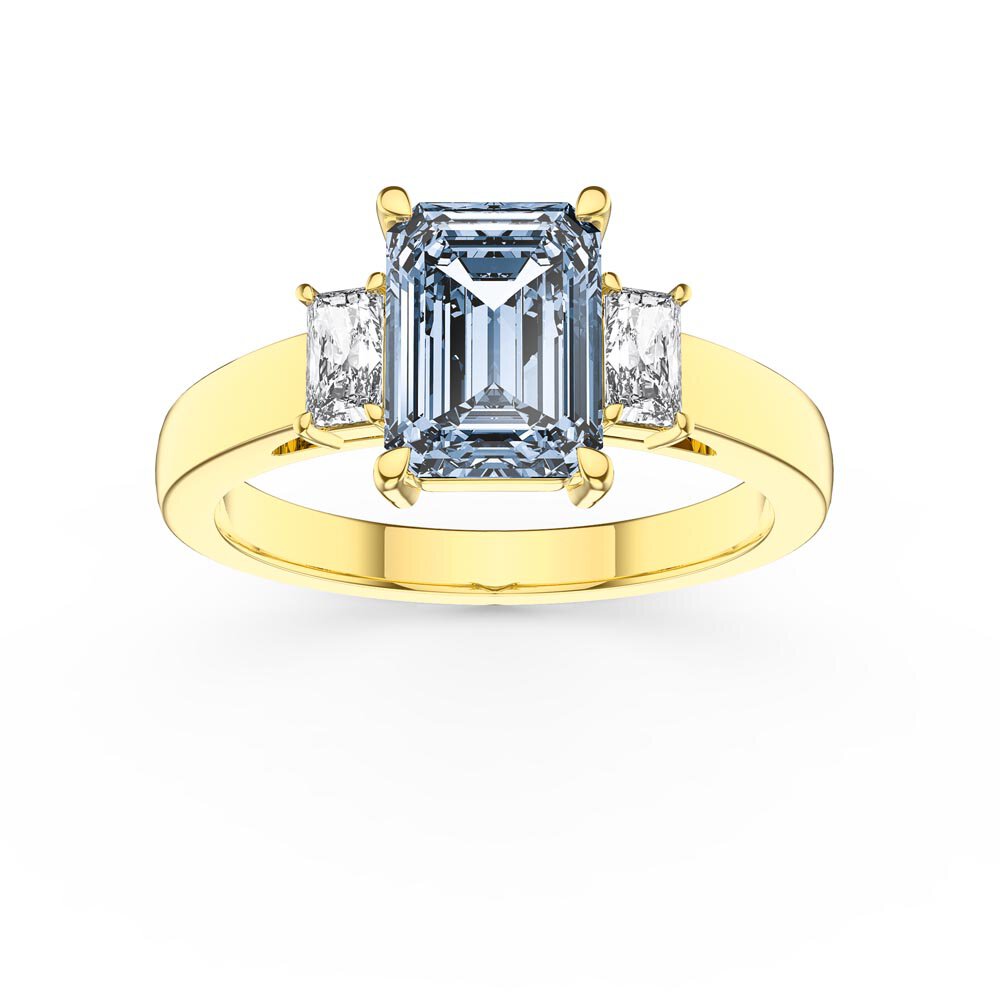 Princess 1.5ct Emerald Cut Aquamarine 18ct Yellow Gold Diamond Three Stone Engagement Ring