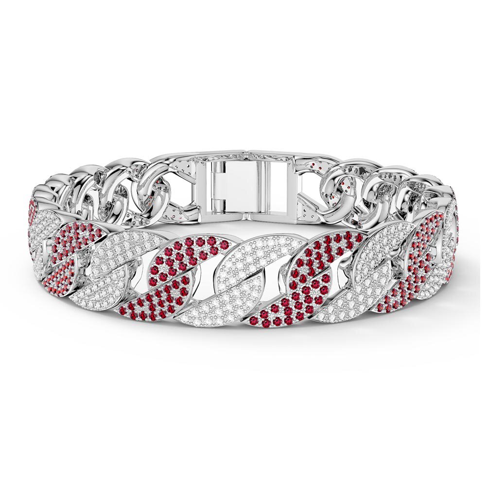 Infinity Ruby and White Sapphire Platinum plated Silver Pave Link Bracelet