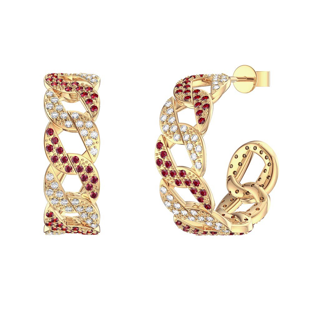 Infinity Ruby and White Sapphire 18ct Gold Vermeil Pave Link Hoop Earrings