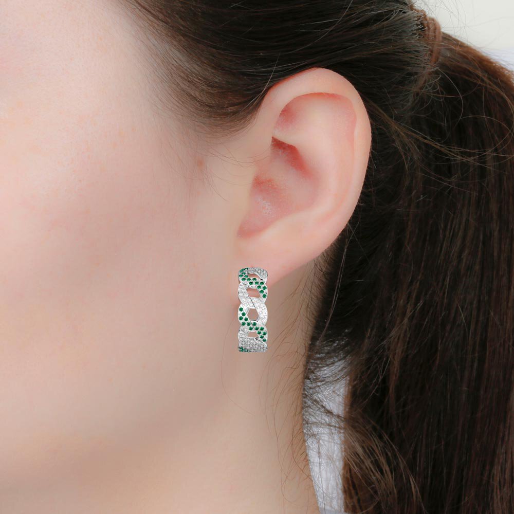 Infinity Emerald CZ and White Sapphire Platinum plated Silver Pave Link Hoop Earrings #2