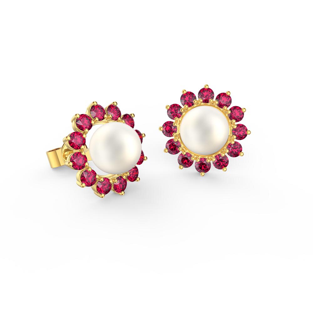 Fusion Pearl 18ct Yellow Gold Stud Ruby Gemburst Earrings Halo Jacket Set #2
