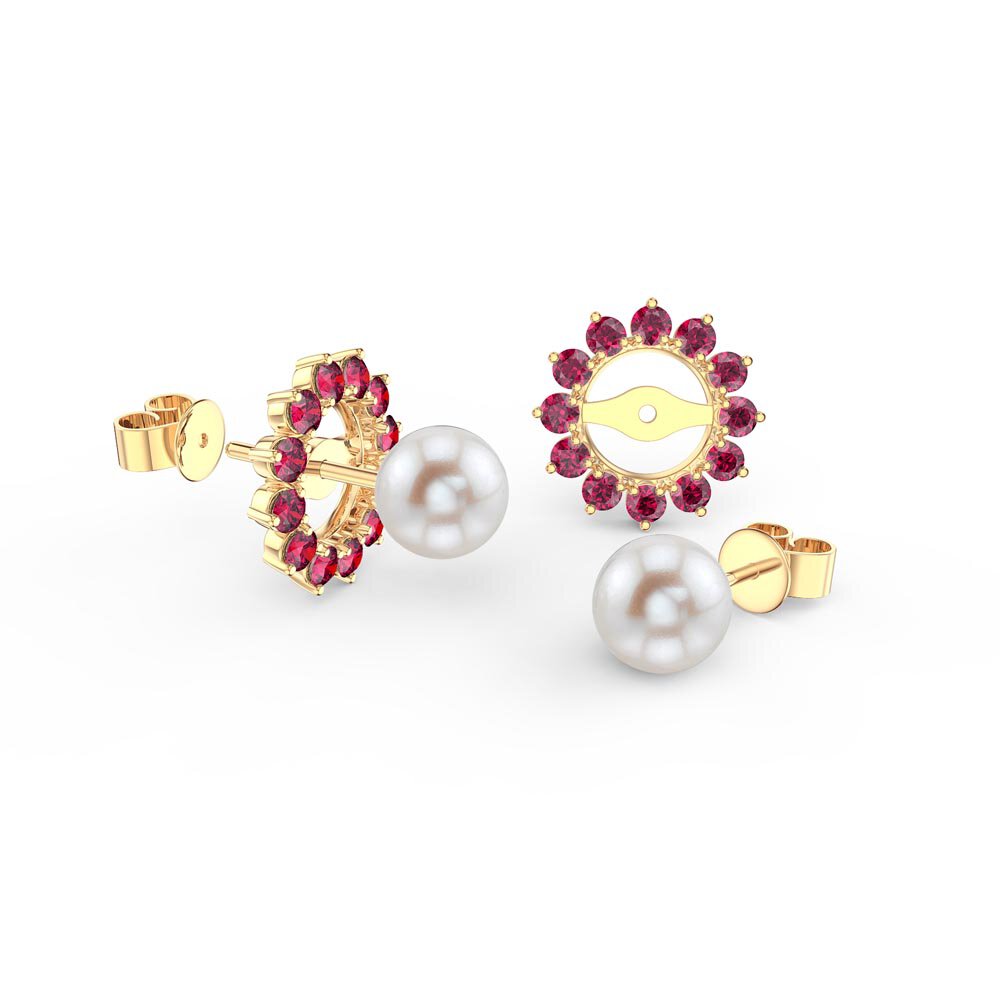 Fusion Pearl 18ct Yellow Gold Stud Ruby Gemburst Earrings Halo Jacket Set