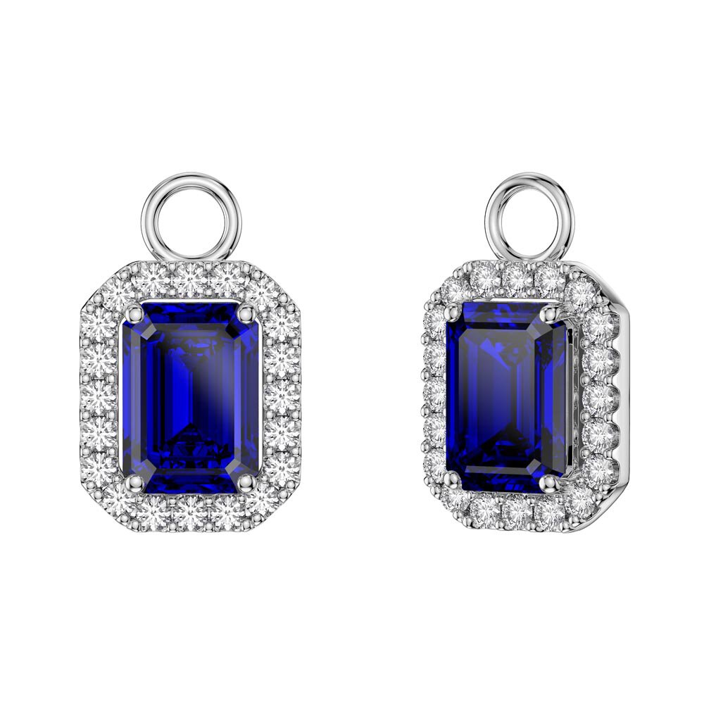 Princess 2ct Sapphire Emerald Cut Halo Platinum plated Silver Interchangeable Sapphire Hoop Drop Set #5