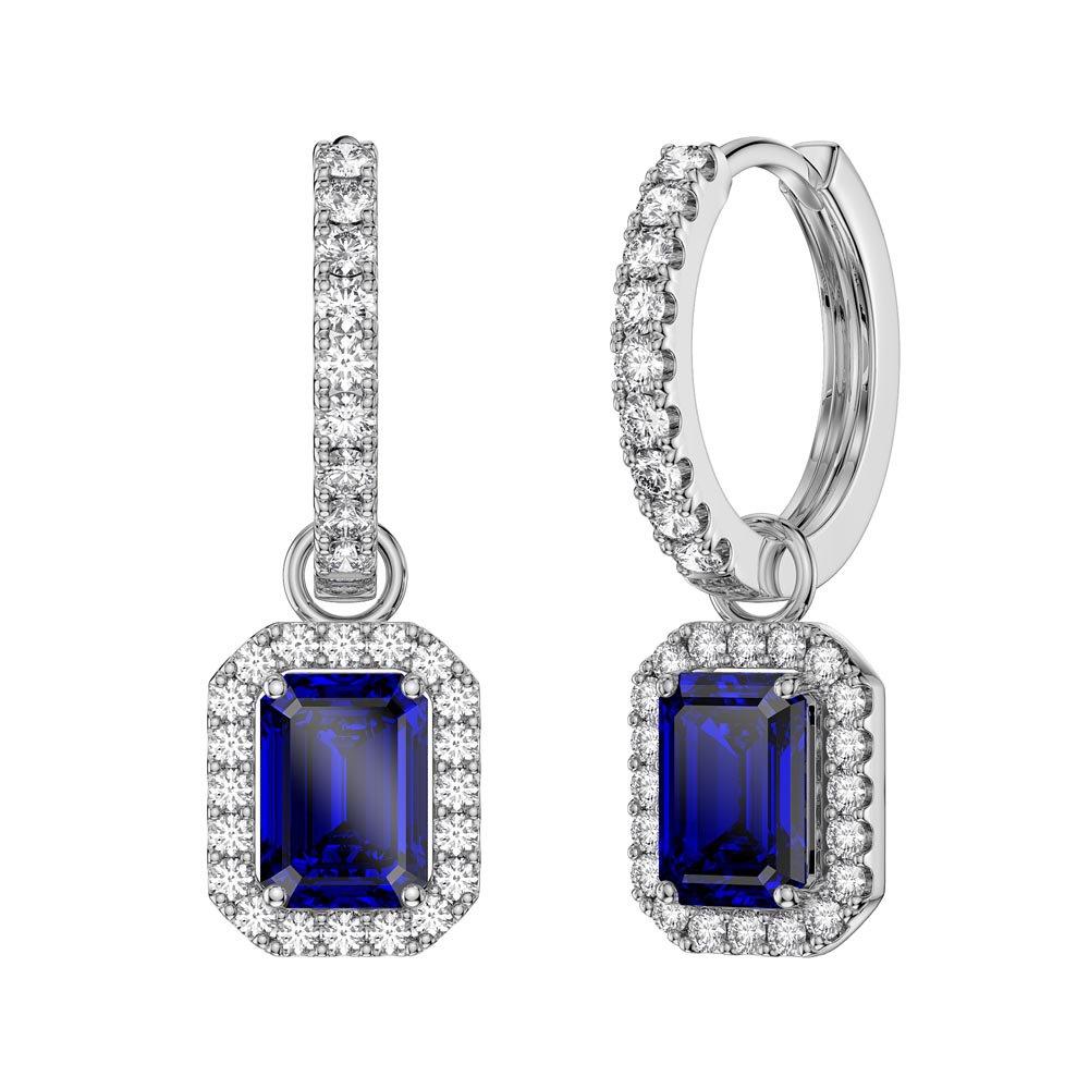 Princess 2ct Sapphire Emerald Cut Halo Platinum plated Silver Interchangeable Sapphire Hoop Drop Set #6