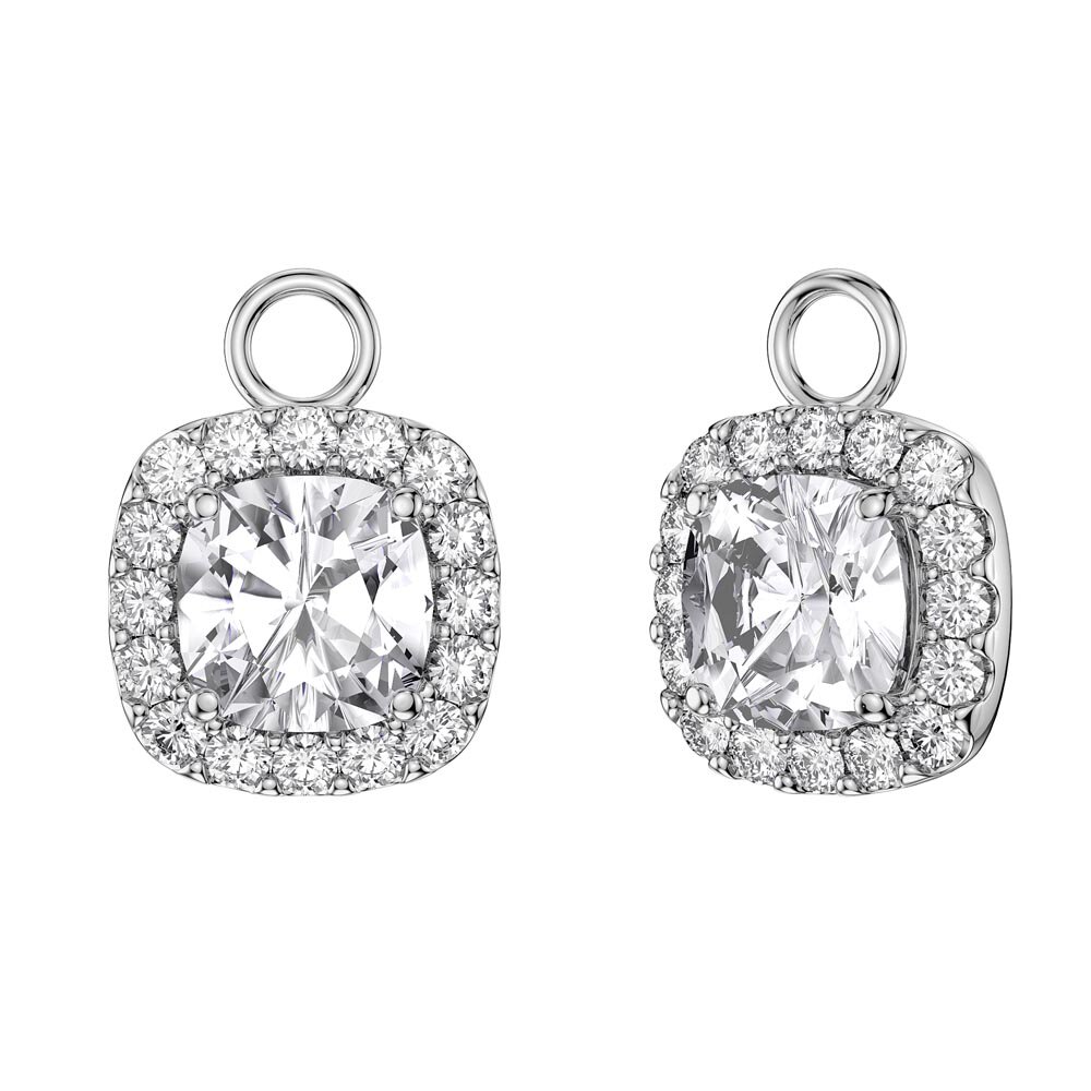 Princess 2ct White Sapphire Cushion Cut Halo Platinum plated Silver Interchangeable Earring Drops