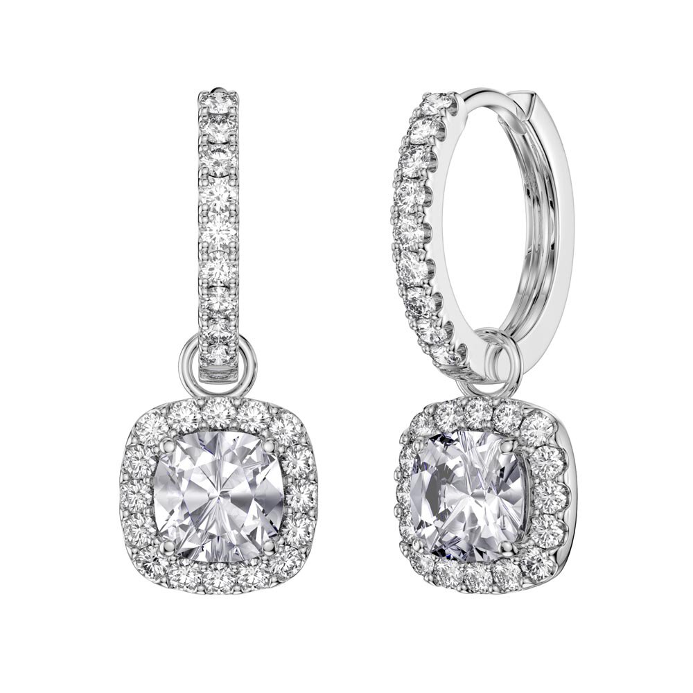 Princess 2ct White Sapphire Cushion Cut Halo Platinum plated Silver Interchangeable Earring Drops #5