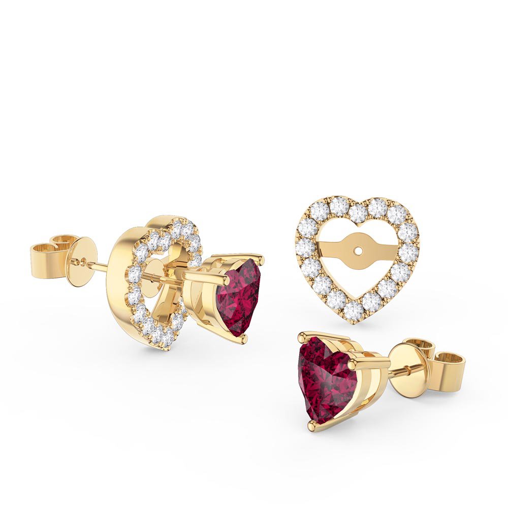Charmisma Heart Ruby and Diamond 18ct Yellow Gold Stud Earrings Halo Jacket Set