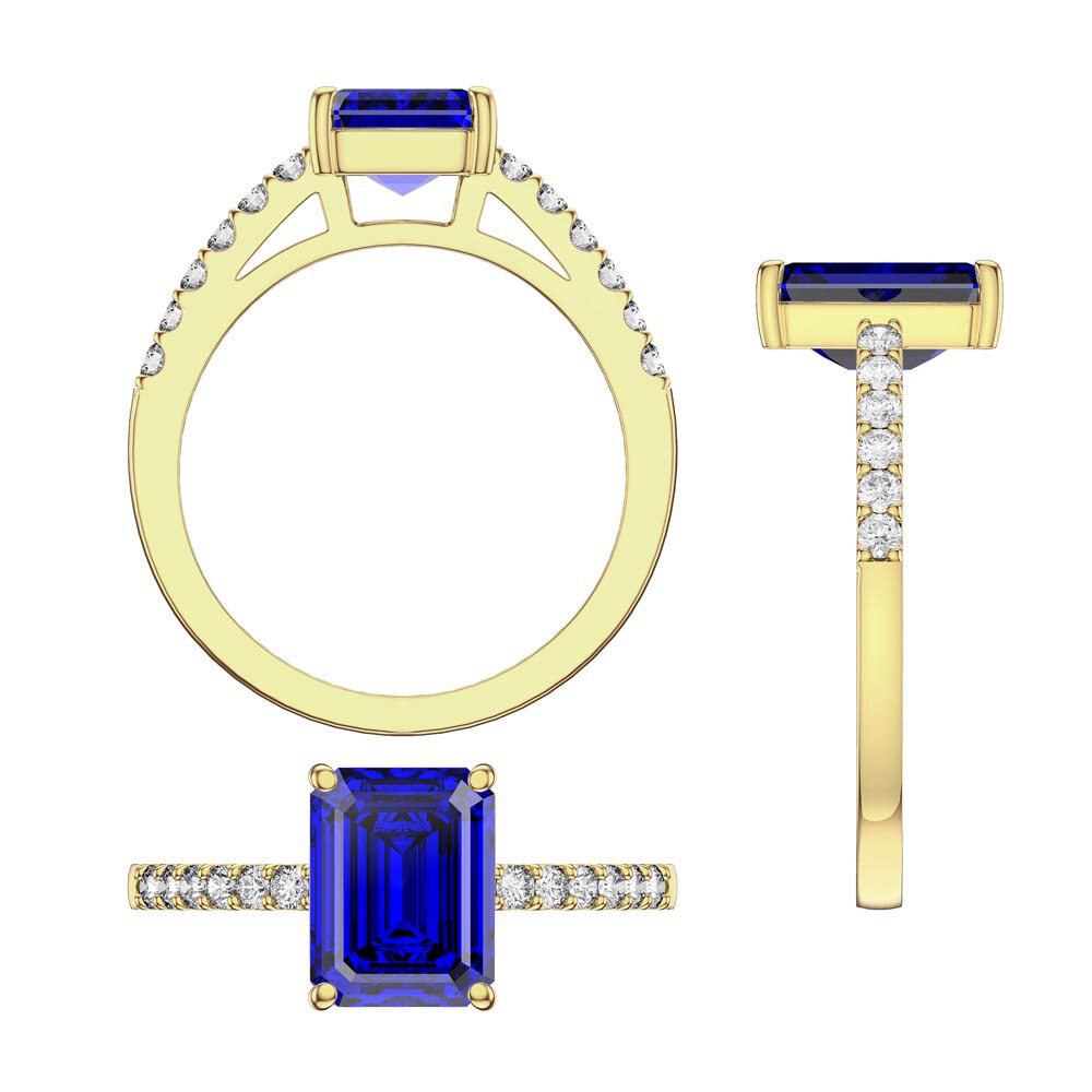 Princess 2ct Sapphire Emerald Cut Diamond Pave 18ct Yellow Gold Proposal ring #3