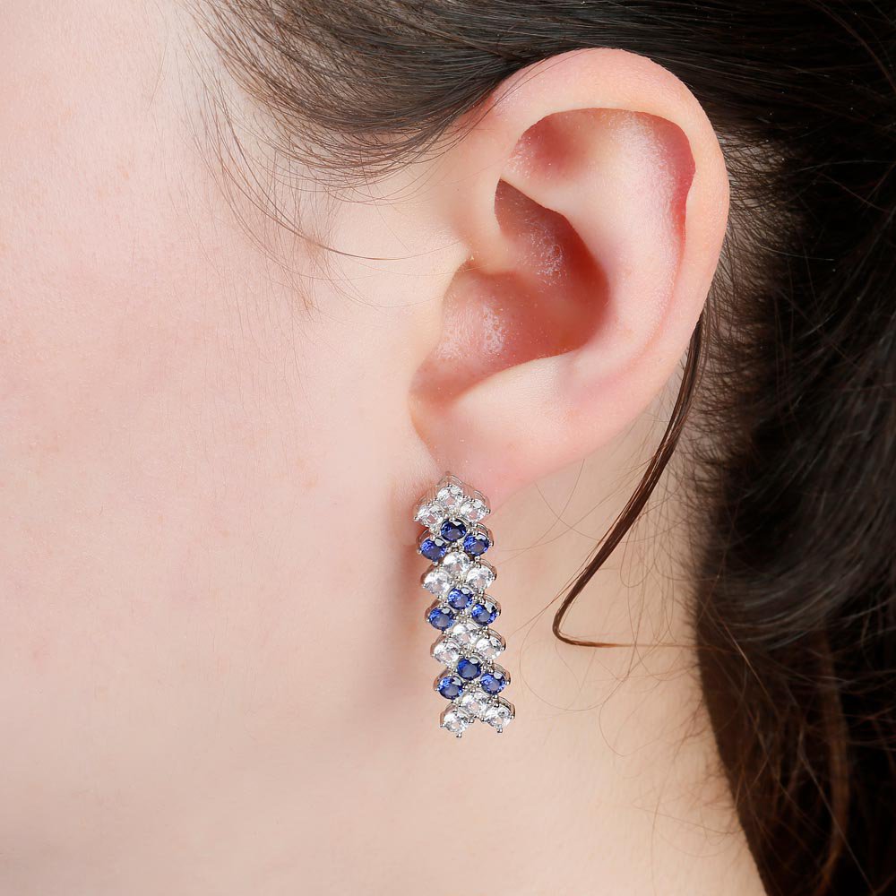 Eternity Three Row Sapphire and Diamond CZ Silver Drop Earrings #2