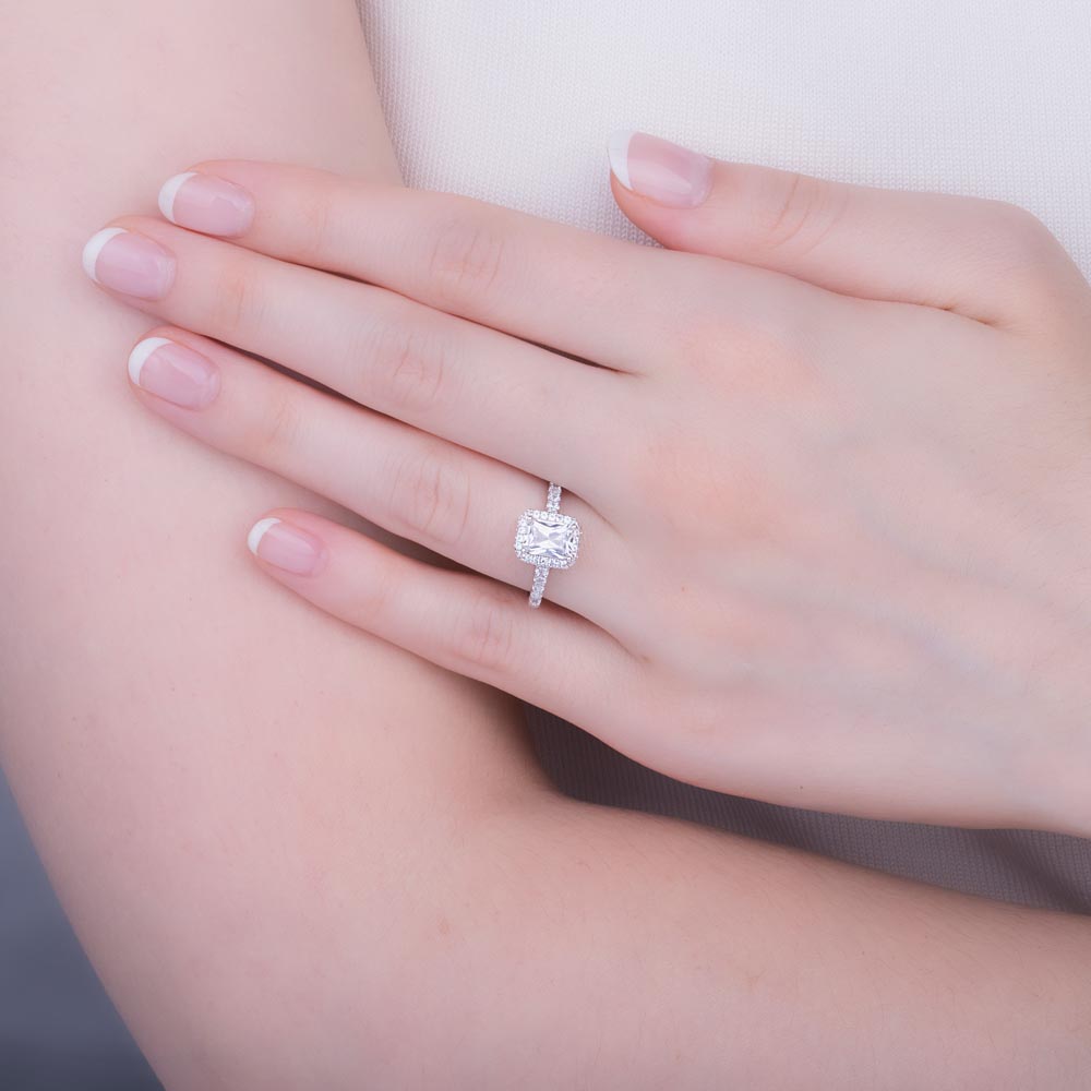 Princess Moissanite Emerald Cut Diamond Halo 18ct White Gold Engagement Ring #2