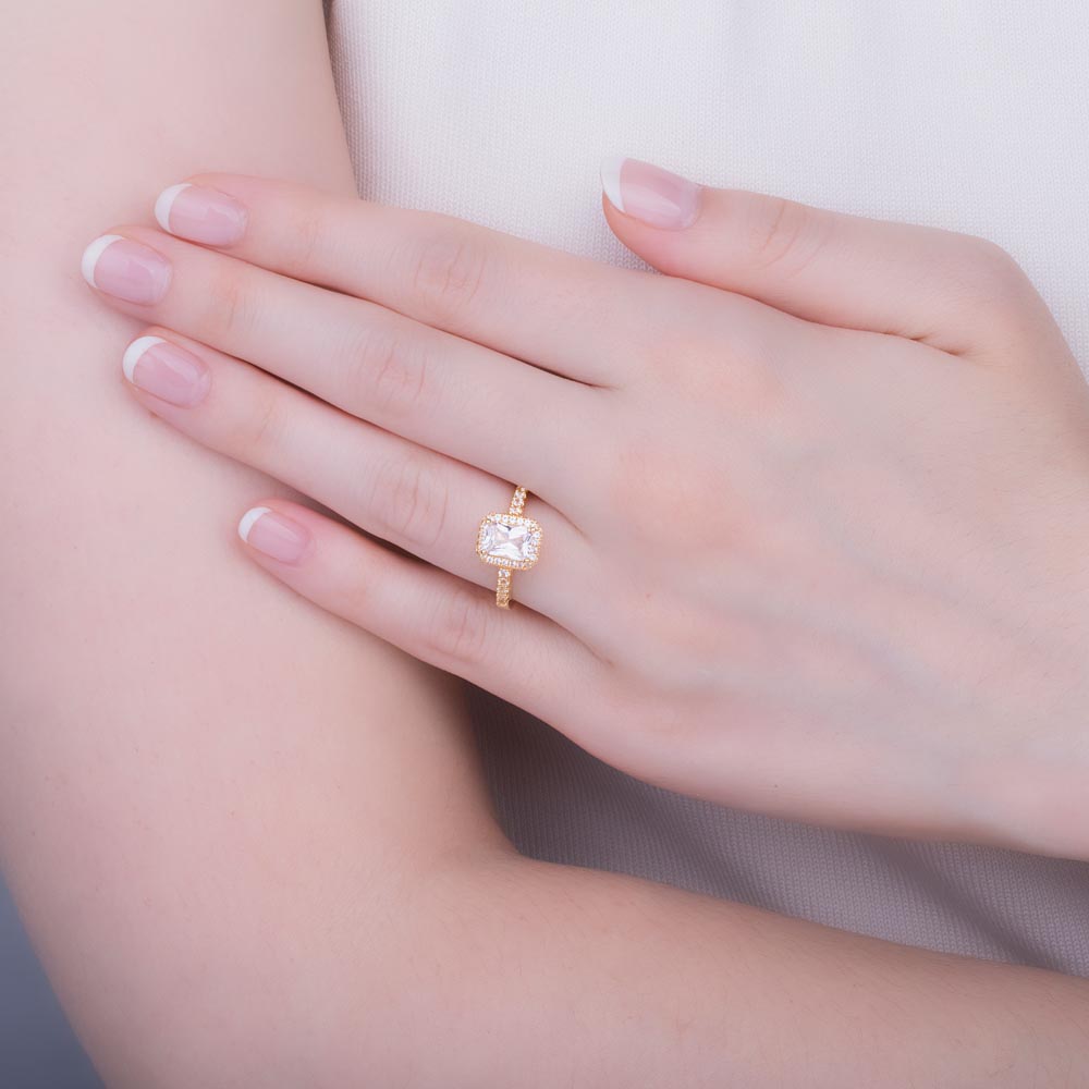 Princess Moissanite Emerald Cut Diamond Halo 18ct Yellow Gold Engagement Ring #2