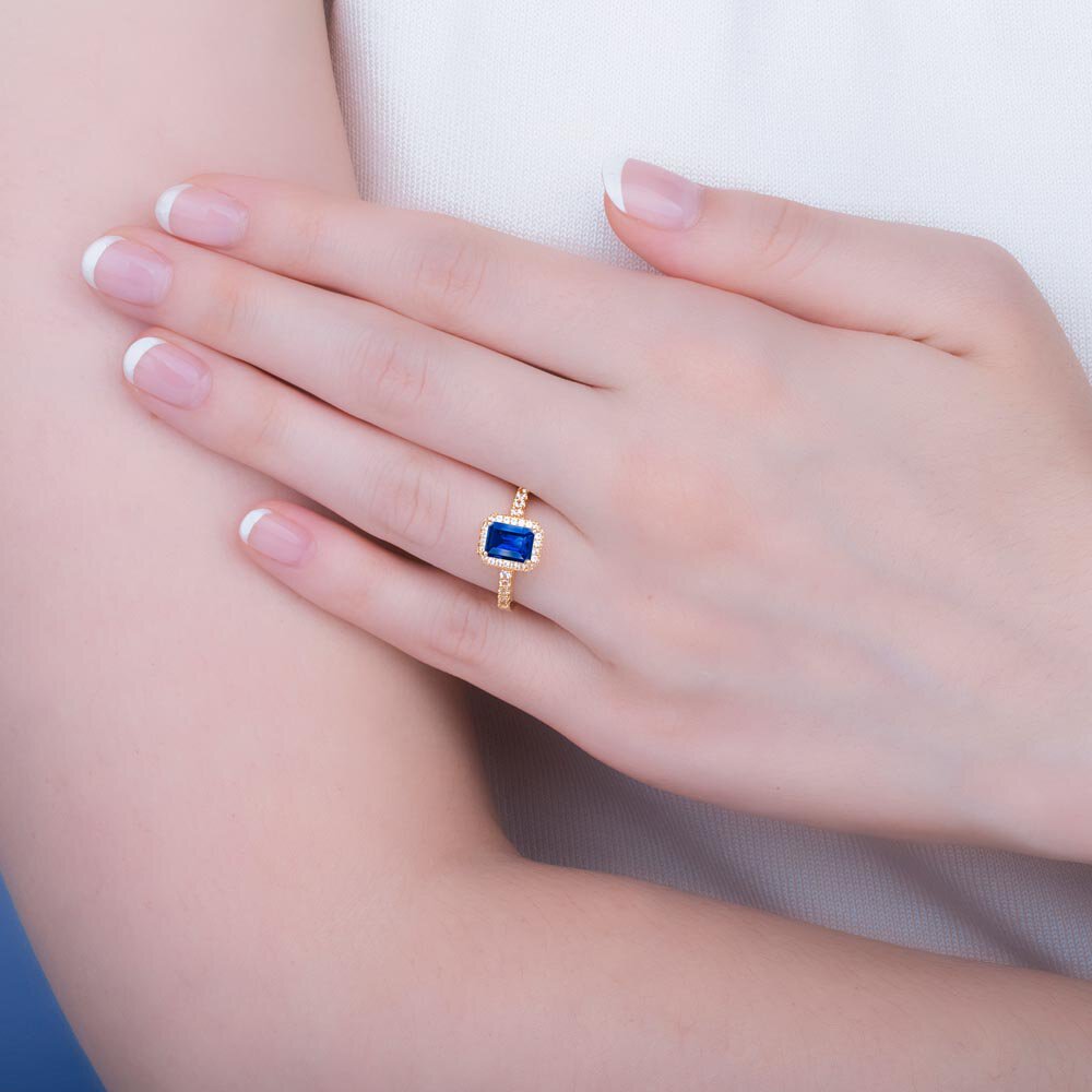 Princess Sapphire Emerald Cut Diamond Halo 18ct Yellow Gold Engagement Ring #2