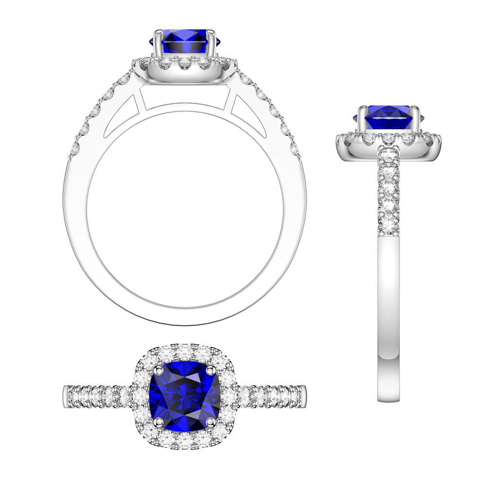 Princess Sapphire Cushion Cut Diamond Halo 18ct White Gold Engagement Ring #3
