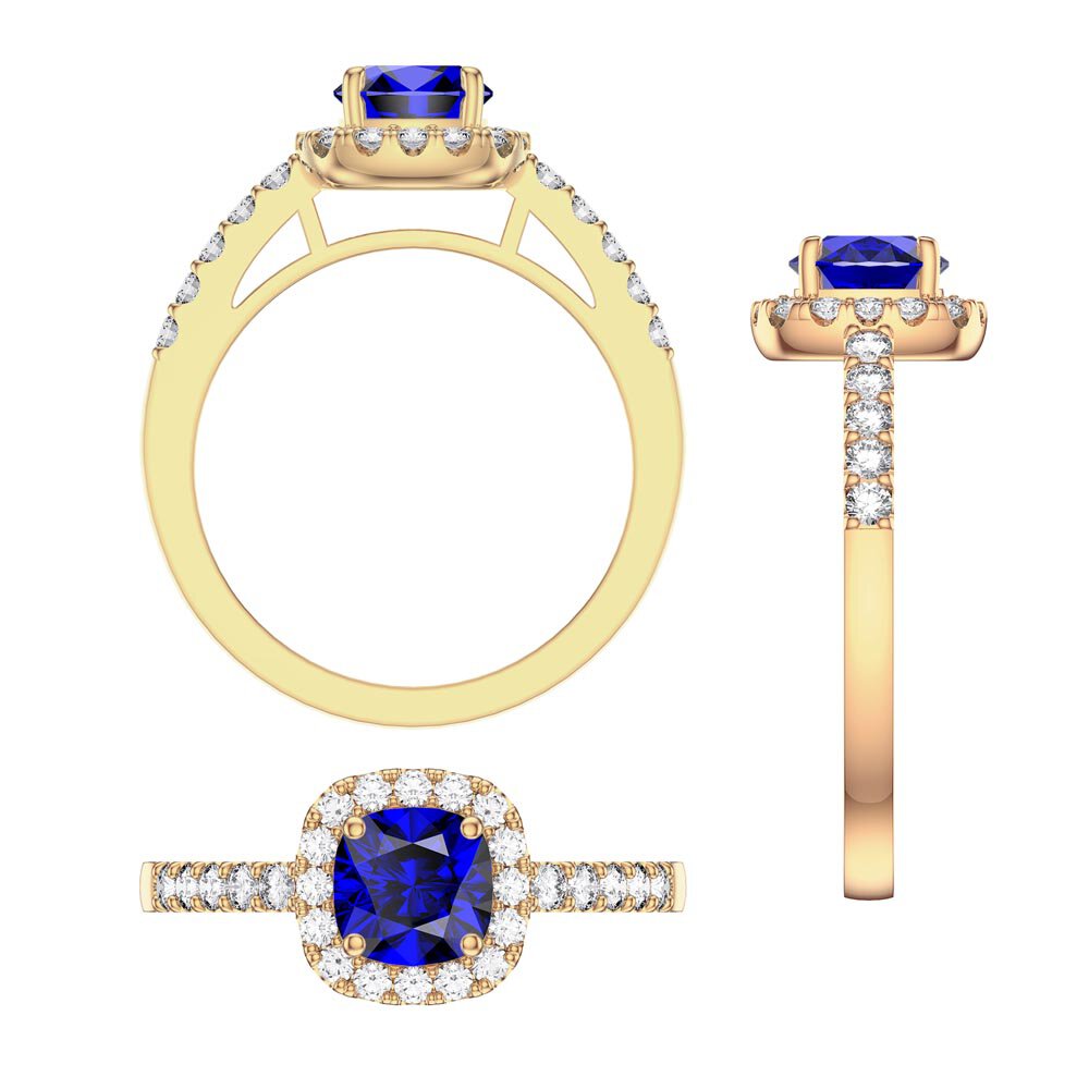 Princess Sapphire and Diamond Cushion Cut Halo 18ct Yellow Gold Engagement Ring #3