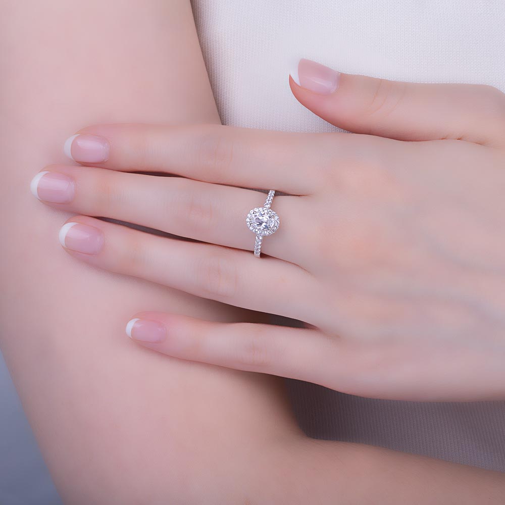 Eternity Moissanite Oval Diamond Halo 18ct White Gold Engagement Ring #2