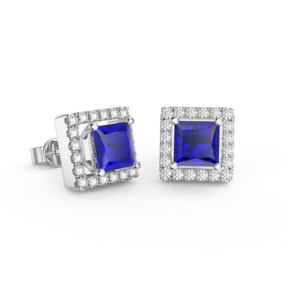 Charmisma 1ct Blue Sapphire and Diamonds 18ct White Gold Princess Stud Earrings Halo Jacket Set #2