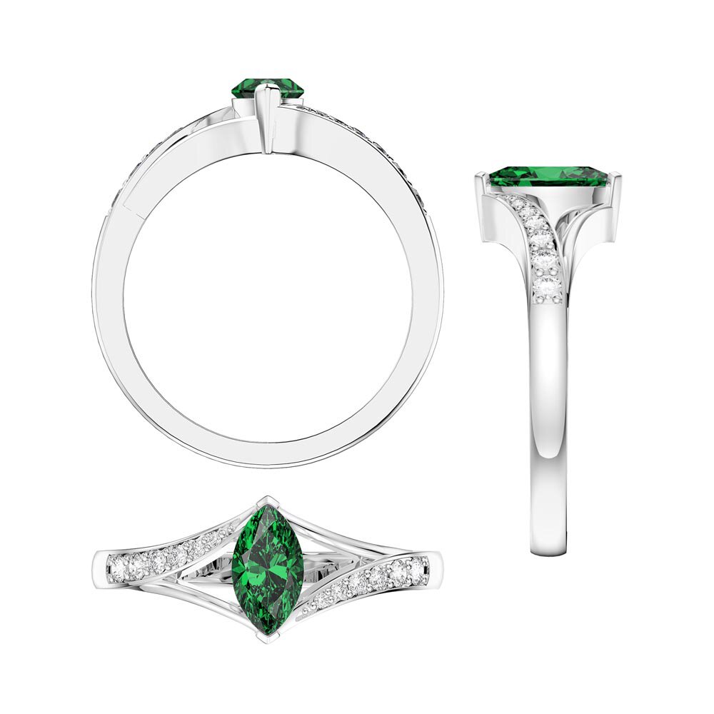 Unity Marquise Emerald Platinum plated Silver Promise Ring Set #6