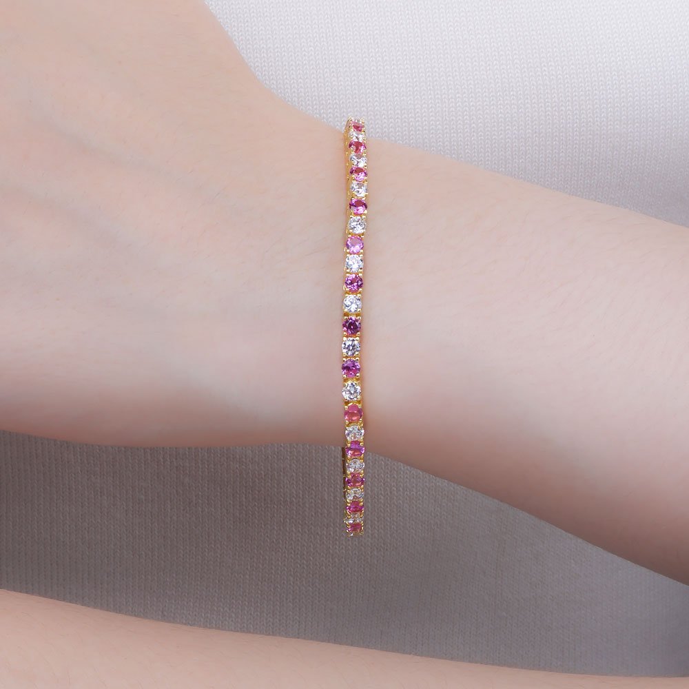 Halo Pink Sapphire CZ 18ct Gold plated Silver Tennis Bracelet #3