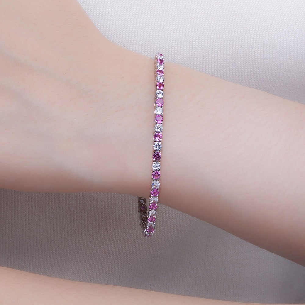 Halo Pink Sapphire CZ Rhodium plated Silver Tennis Bracelet #3