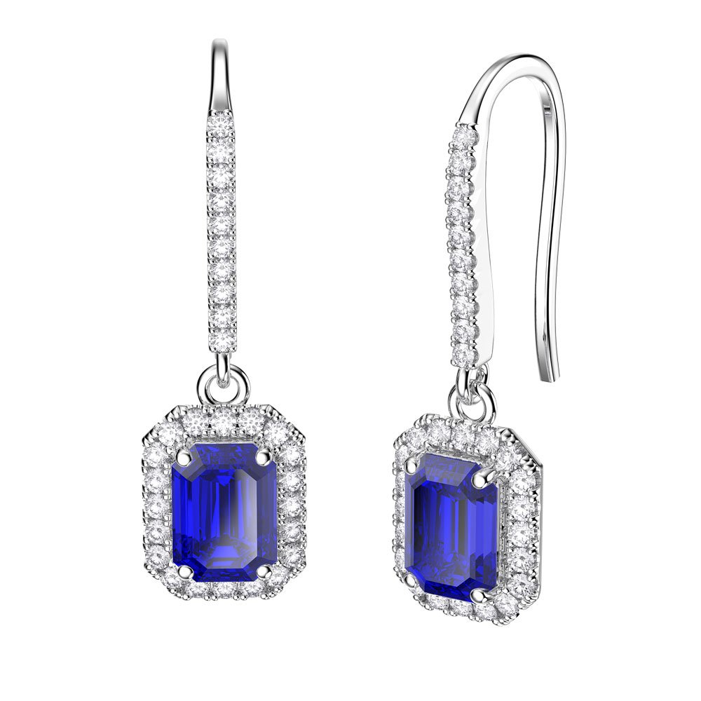 Princess Sapphire Emerald Cut Halo Platinum plated Silver Pave Drop Earrings