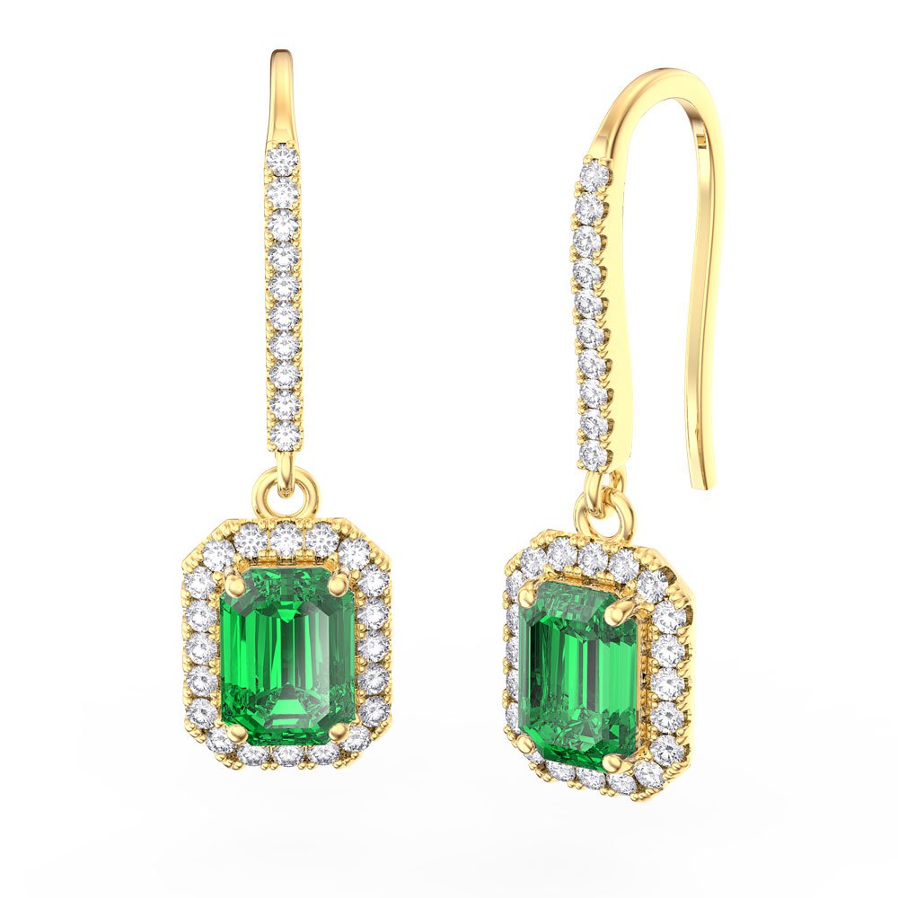 Princess Emerald cut Emerald Halo 18ct Gold Vermeil Pave Drop Earrings