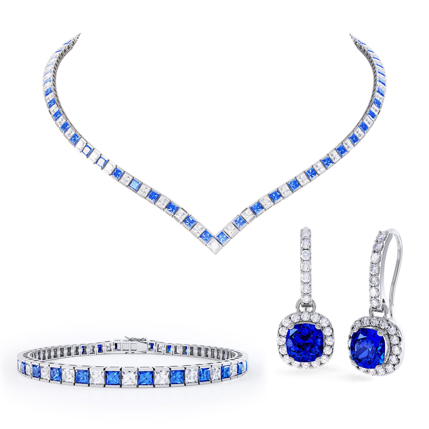 Princess Sapphire Platinum plated Silver Jewellery Set