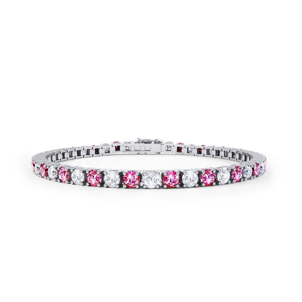 Halo Pink Sapphire CZ Rhodium plated Silver Tennis Bracelet #1