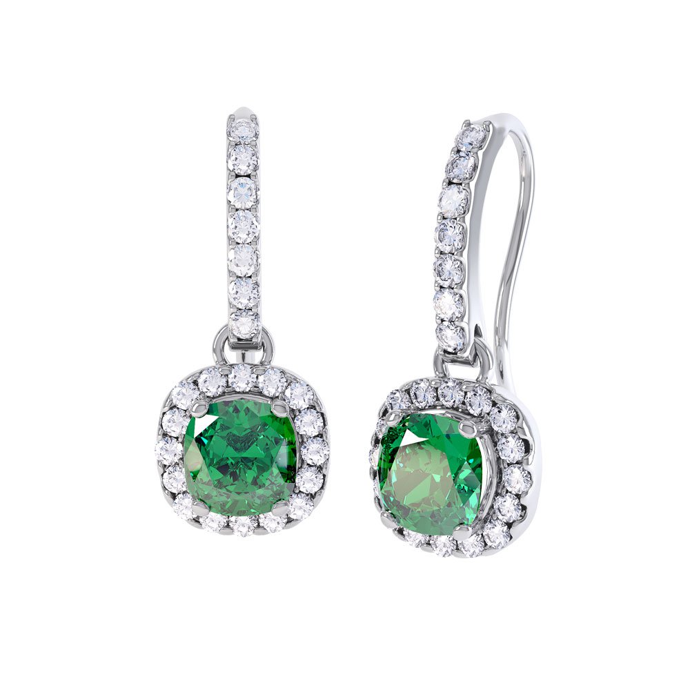 Princess 2ct Emerald Halo Platinum plated Silver Pave Drop Earrings