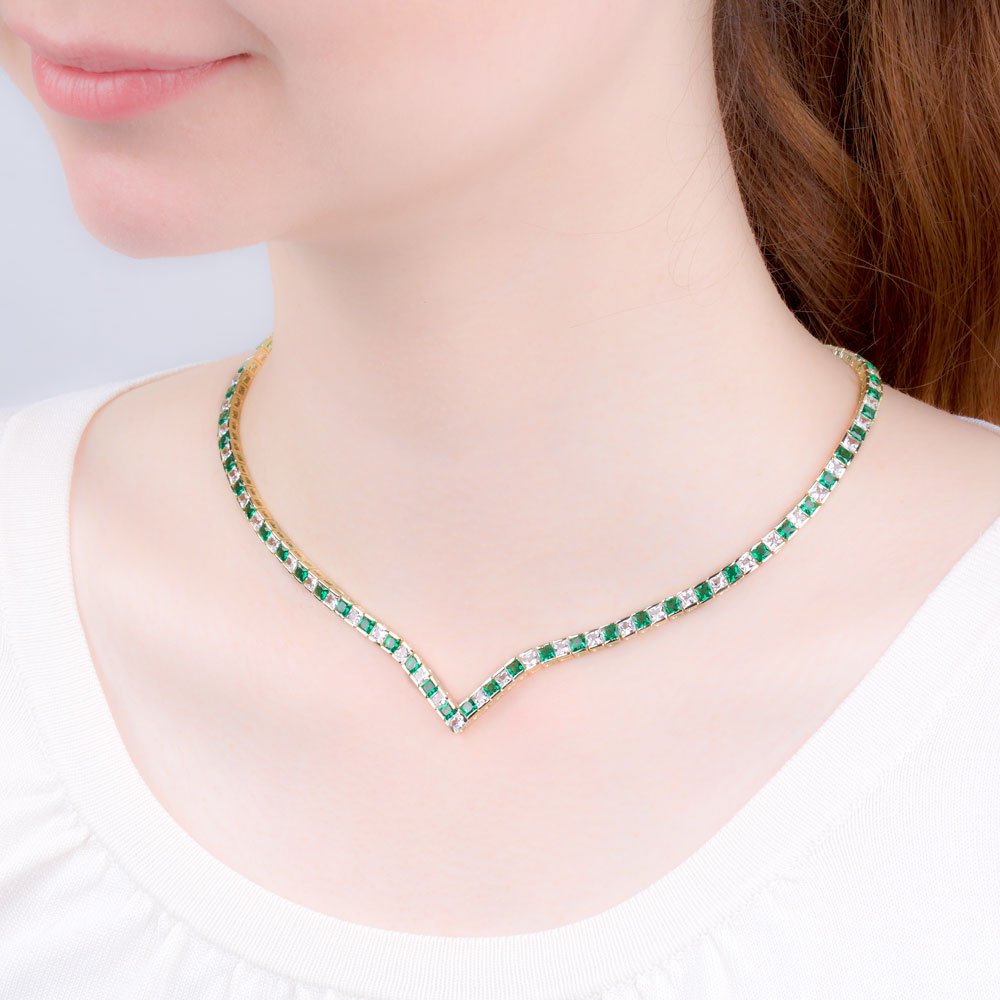 Princess Emerald CZ Gold plated Silver Tennis Necklace #3