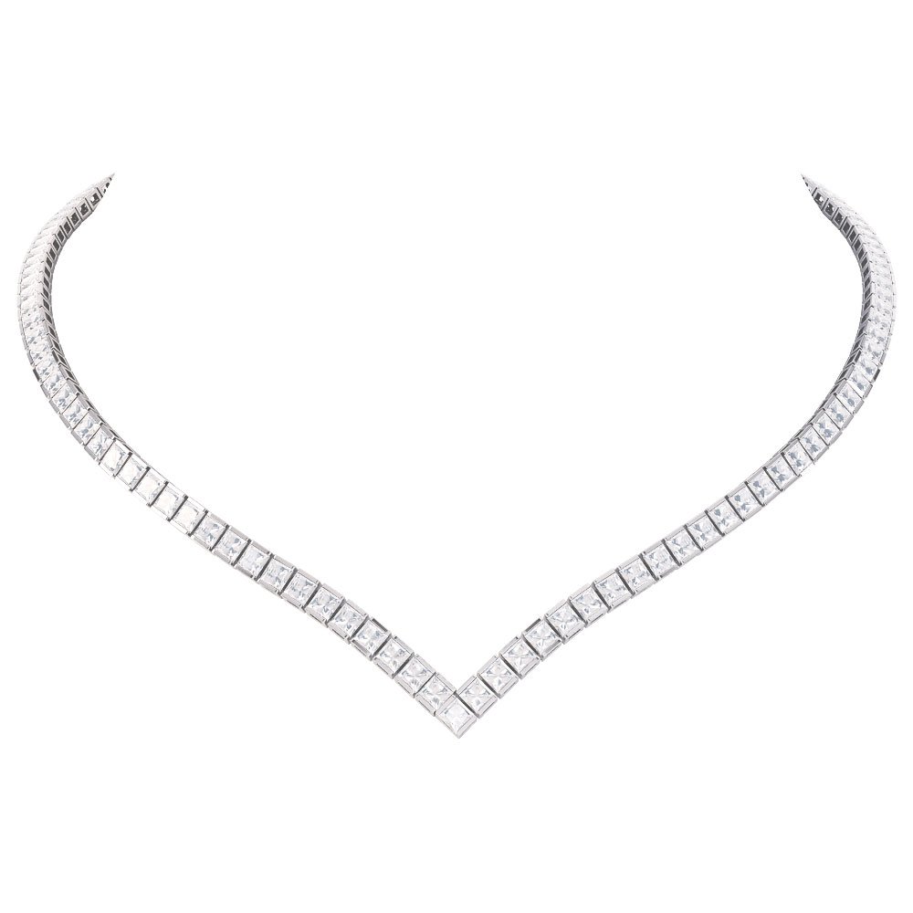 Princess White Sapphire Platinum plated Silver Tennis Necklace