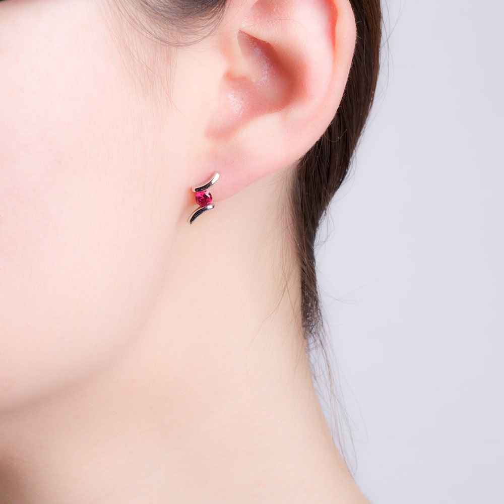 Combinations Ruby Round Rhodium plated Silver Earrings #2