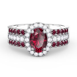 Eternity Ruby Oval Halo 18ct White Gold Engagement Ring Set 2R