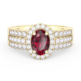 Eternity Ruby Oval Moissanite Halo 18ct Yellow Gold Engagement Ring Set 2D