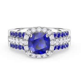 Princess Cushion Sapphire Halo and Two Sapphire Half Eternity Platinum plated Silver Promise Ring Set