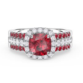Princess Cushion Ruby Halo and Two Ruby Half Eternity Platinum plated Silver Promise Ring Set