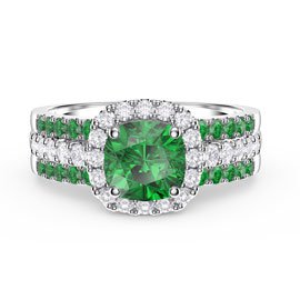 Princess Emerald Cushion Cut Halo and Two Emerald Half Eternity Platinum plated Silver Promise Ring Set