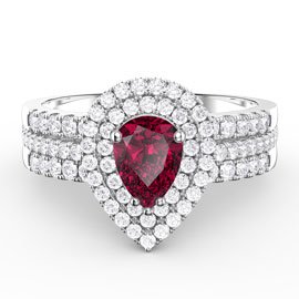 Fusion Ruby Pear Halo Eternity Platinum plated Silver Promise Ring Set