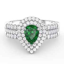 Fusion Emerald Pear Halo Eternity Platinum plated Silver Promise Ring Set