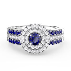 Fusion Sapphire Halo Sapphire Eternity Platinum plated Silver Promise Ring Set