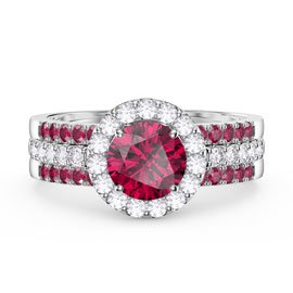 Eternity Ruby Halo and Half Eternity Platinum plated Silver Promise Ring Set