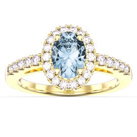 Eternity Aquamarine and Diamond Oval Halo 18ct Yellow Gold Engagement Ring