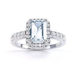 Princess Aquamarine 18ct White Gold Emerald Cut Moissanite Halo Engagement Ring