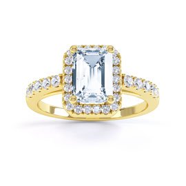Princess Aquamarine 18ct Yellow Gold Emerald Cut Moissanite Halo Engagement Ring